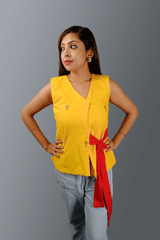 Yellow Jamdani Sleeveless Top with red belt