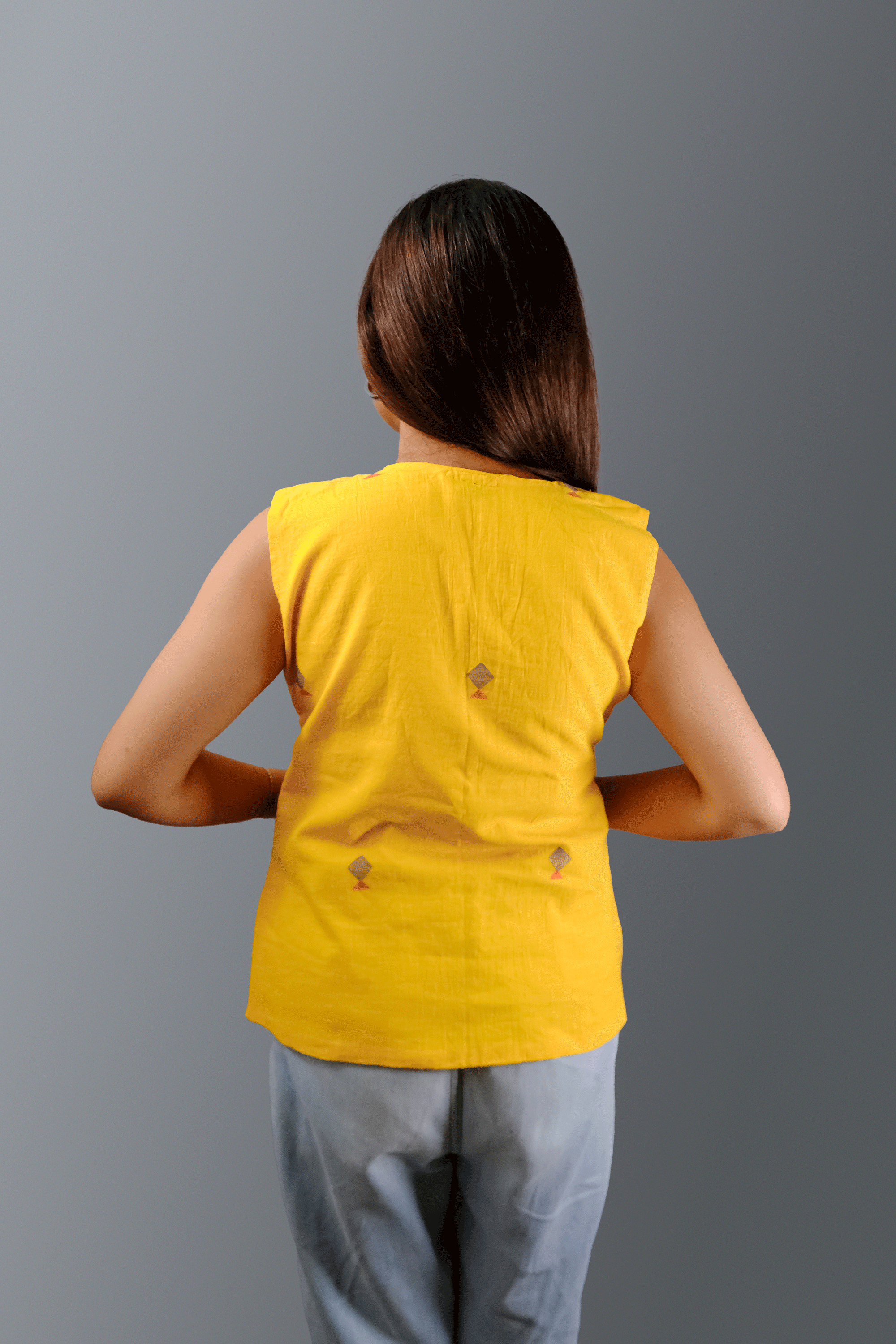 Yellow Jamdani Sleeveless Top with red belt