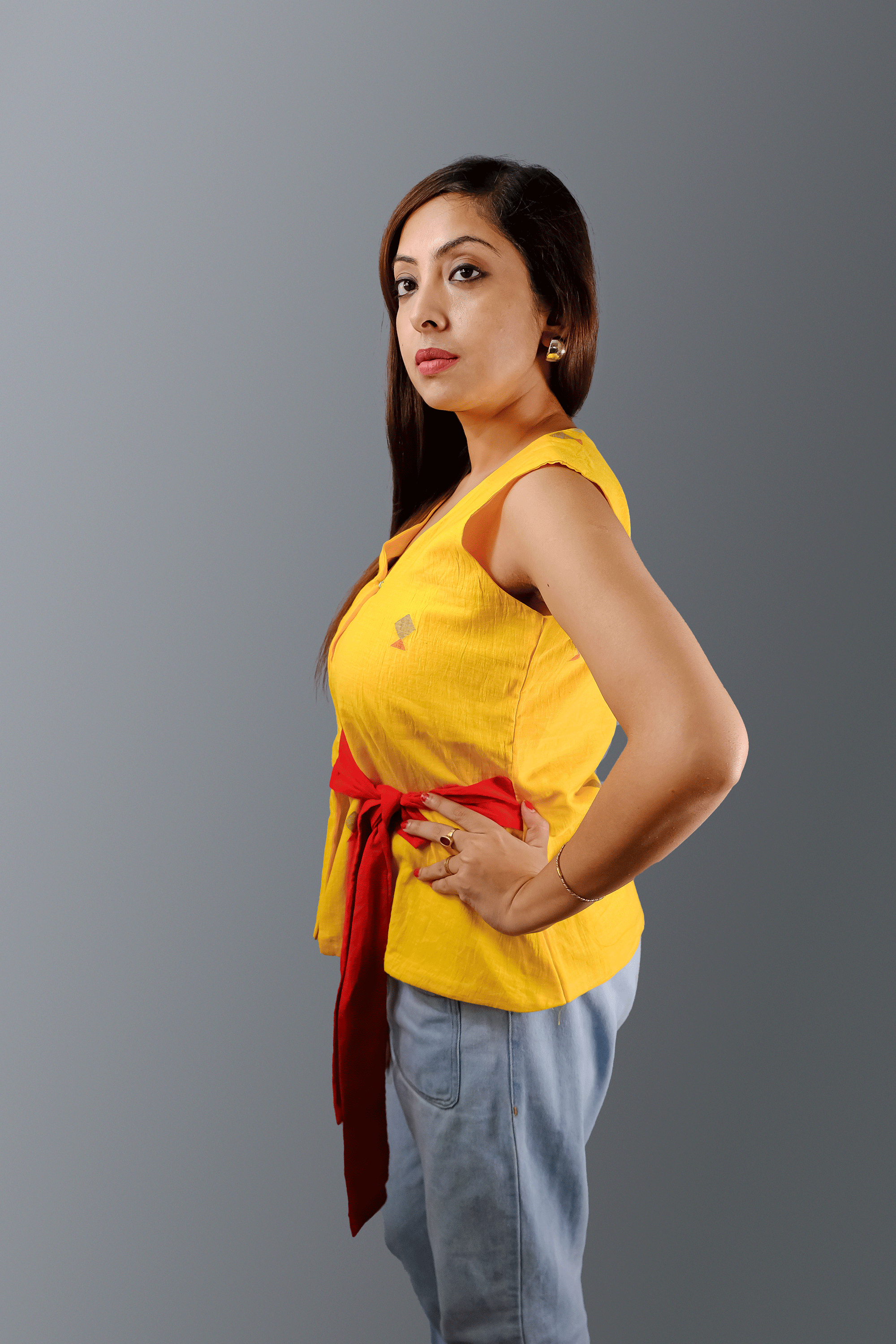 Yellow Jamdani Sleeveless Top with red belt