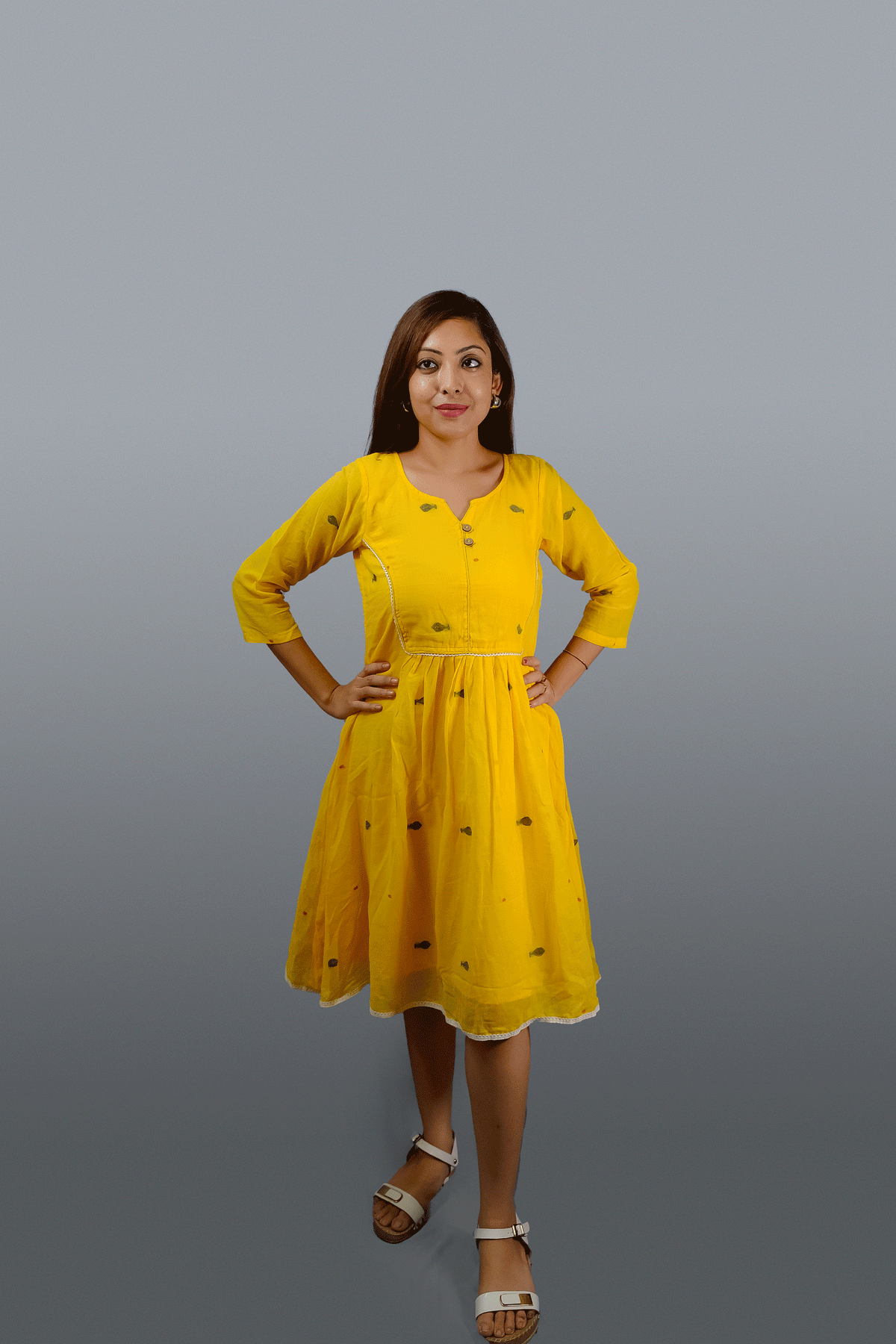 Yellow Jamdani Dress with Lace Detailing