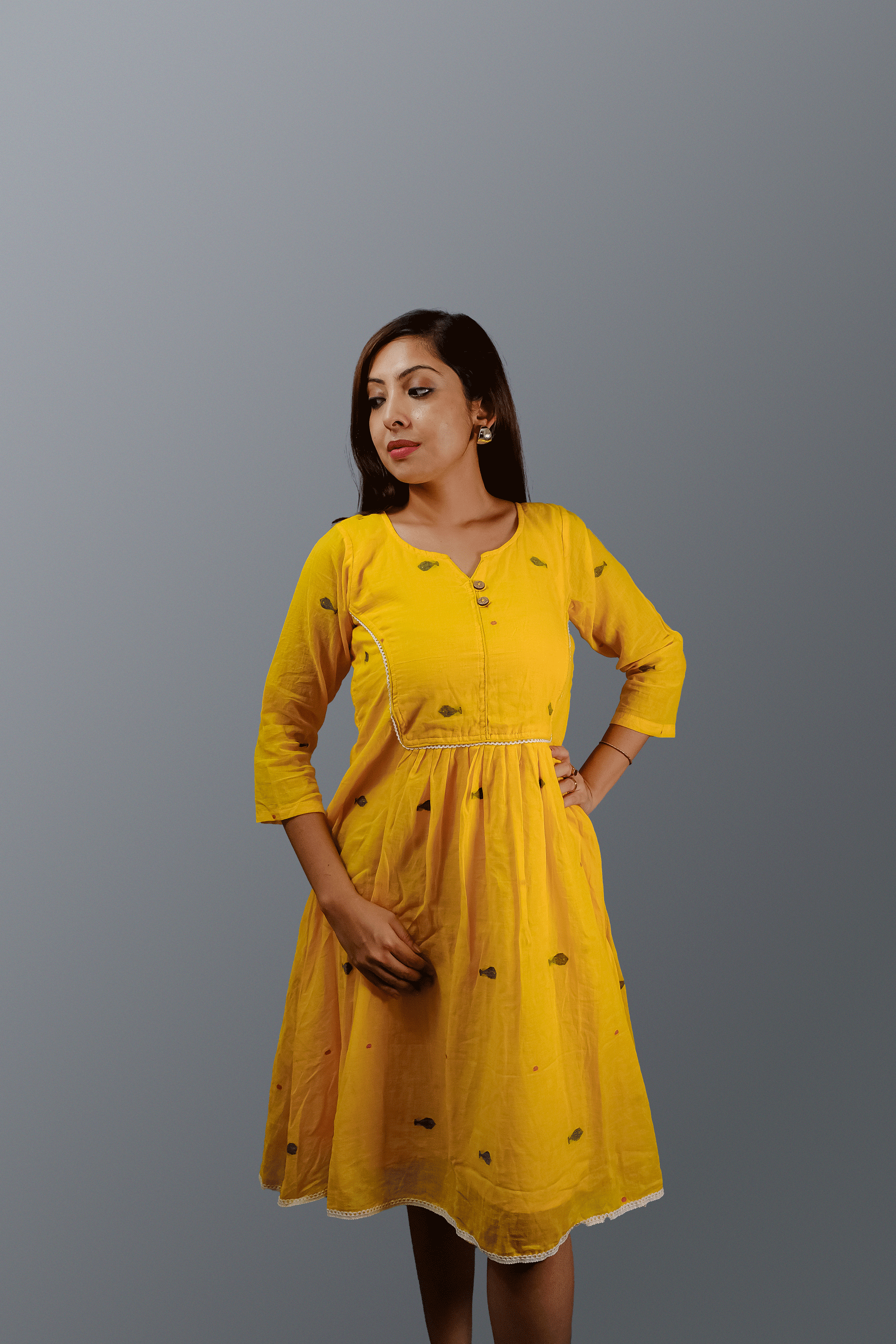 Yellow Jamdani Dress with Lace Detailing