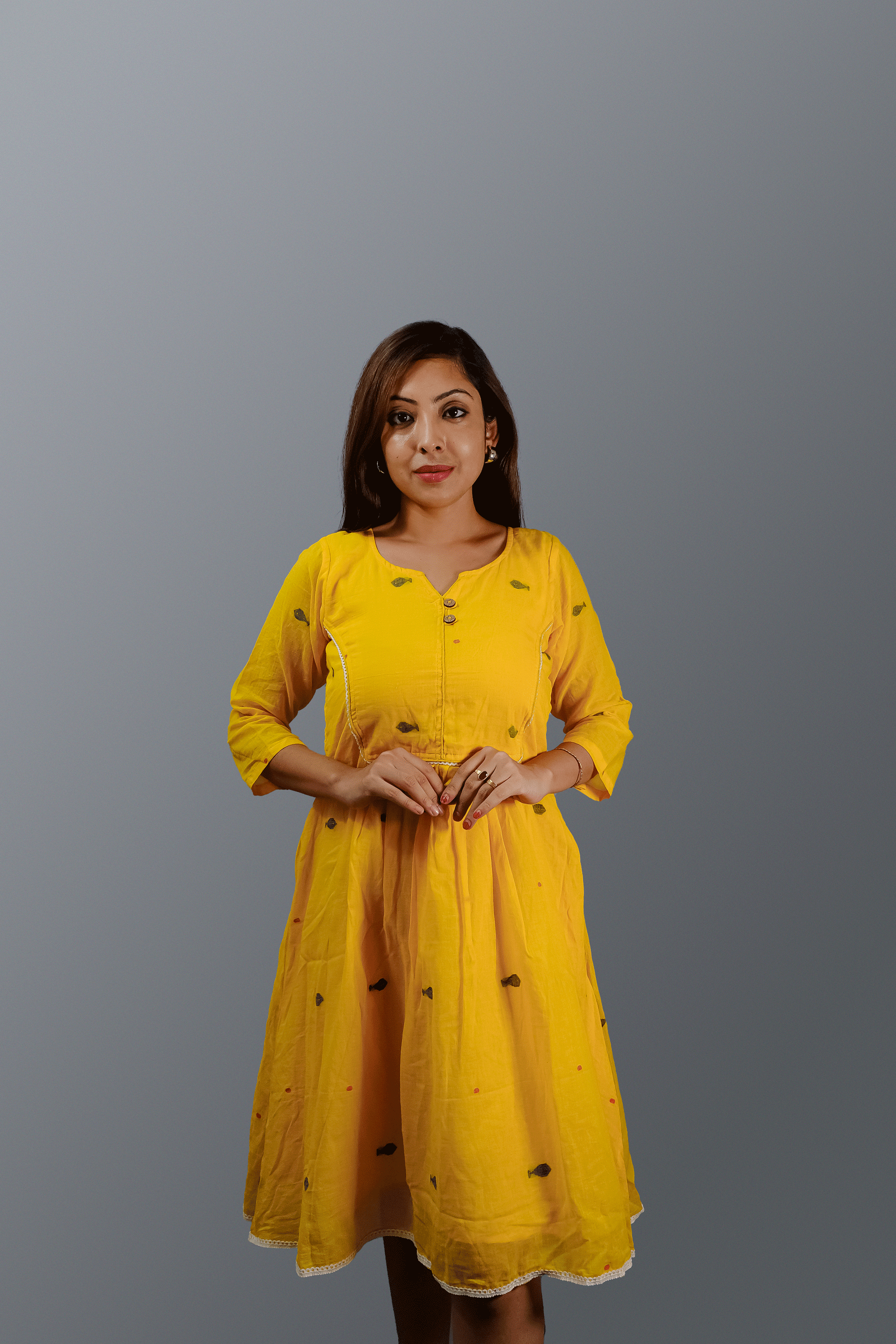 Yellow Jamdani Dress with Lace Detailing