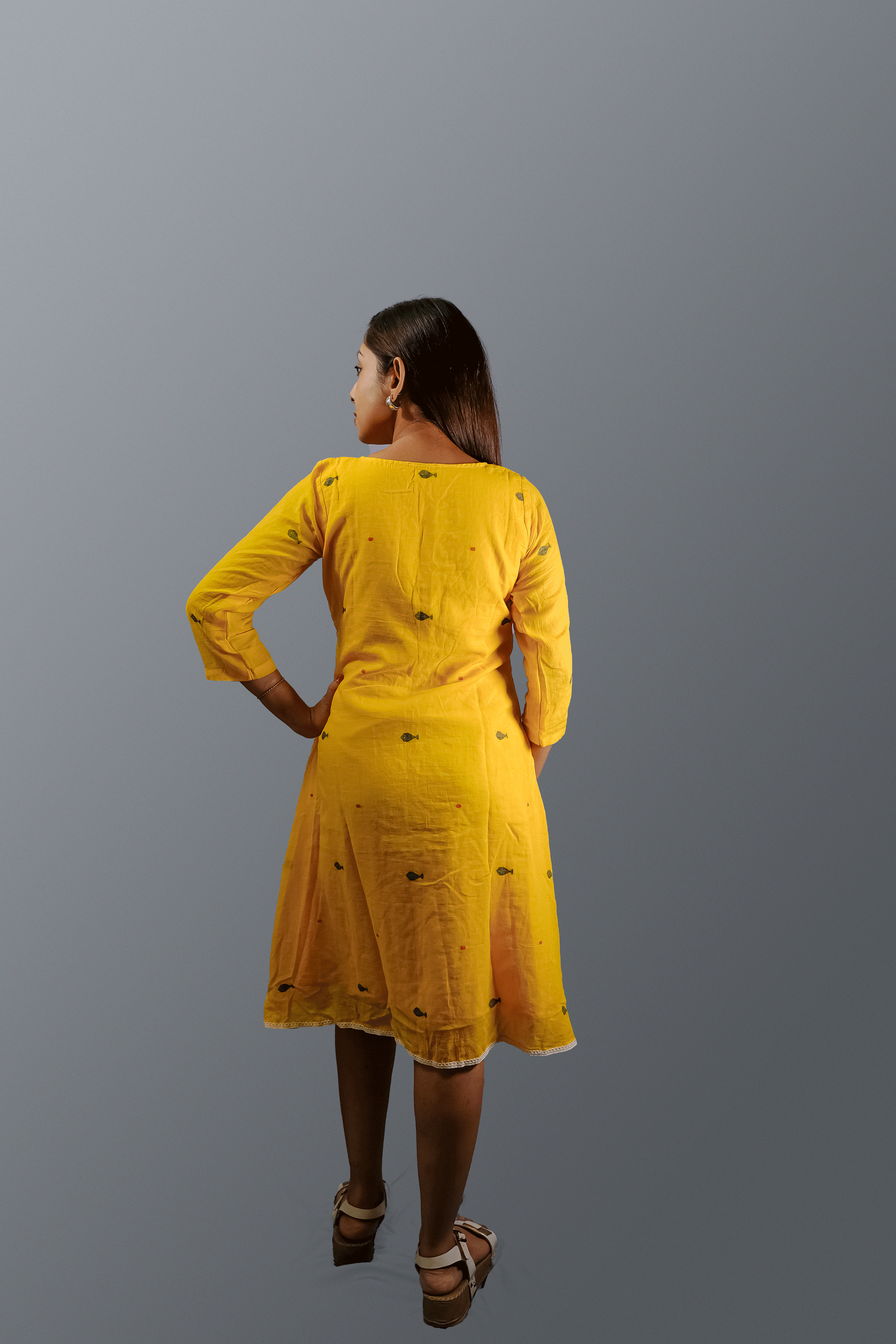 Yellow Jamdani Dress with Lace Detailing