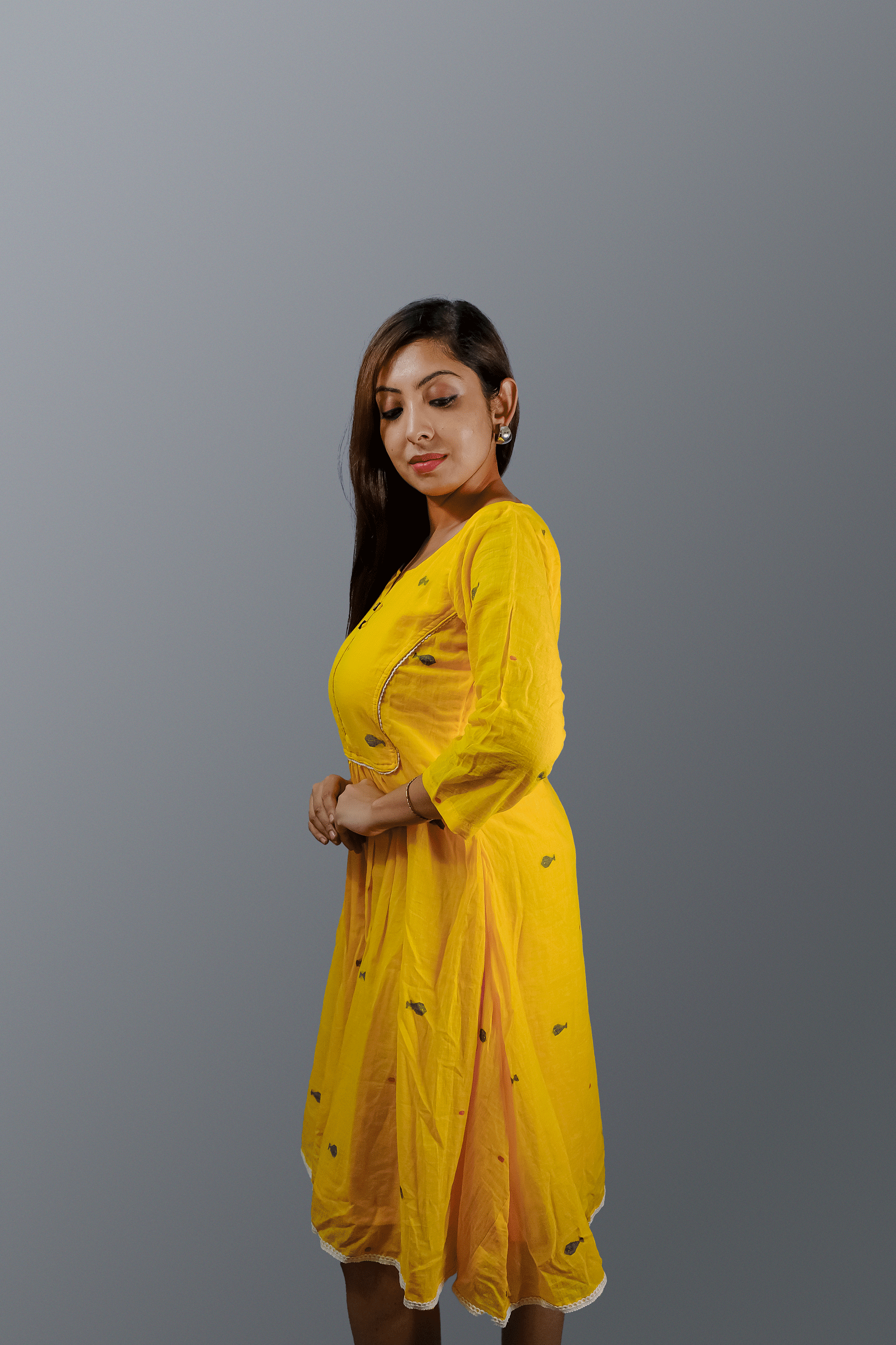 Yellow Jamdani Dress with Lace Detailing