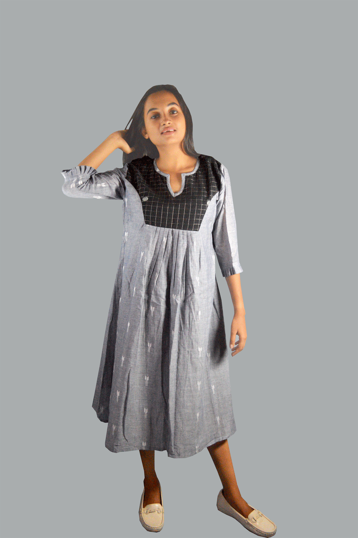 Grey jamdani dress with black checked yoke