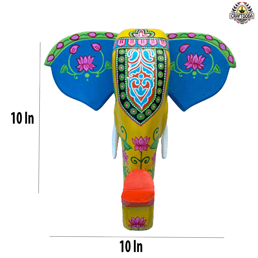 Yellow 10 Inches with Lotus Artwork Wooden Elephant Head Wall Decor