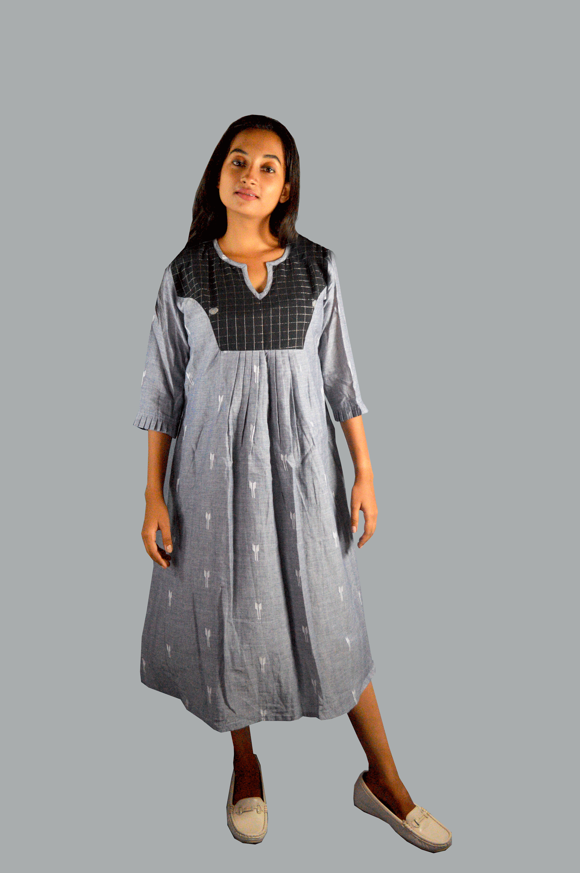 Grey jamdani dress with black checked yoke