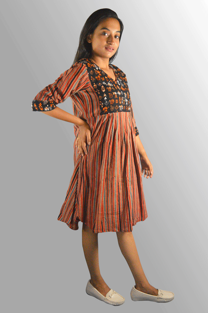 Hand block printed Ajrakh Dress With Kantha Hand Embroidered Yoke