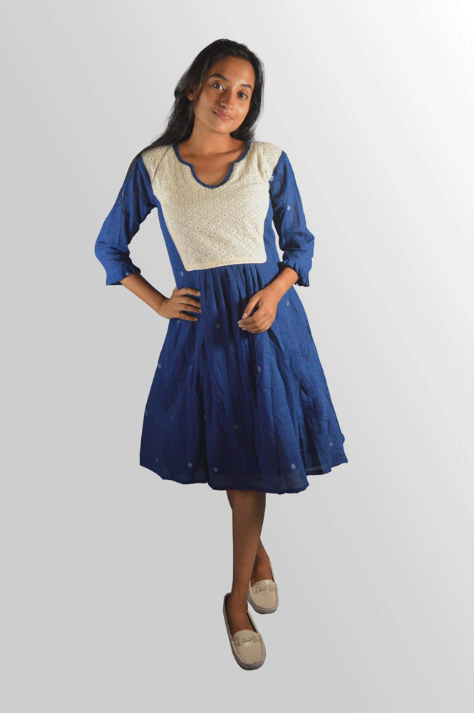 Handwoven Blue Jamdani Dress with Hakoba Yoke