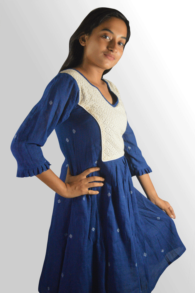 Handwoven Blue Jamdani Dress with Hakoba Yoke