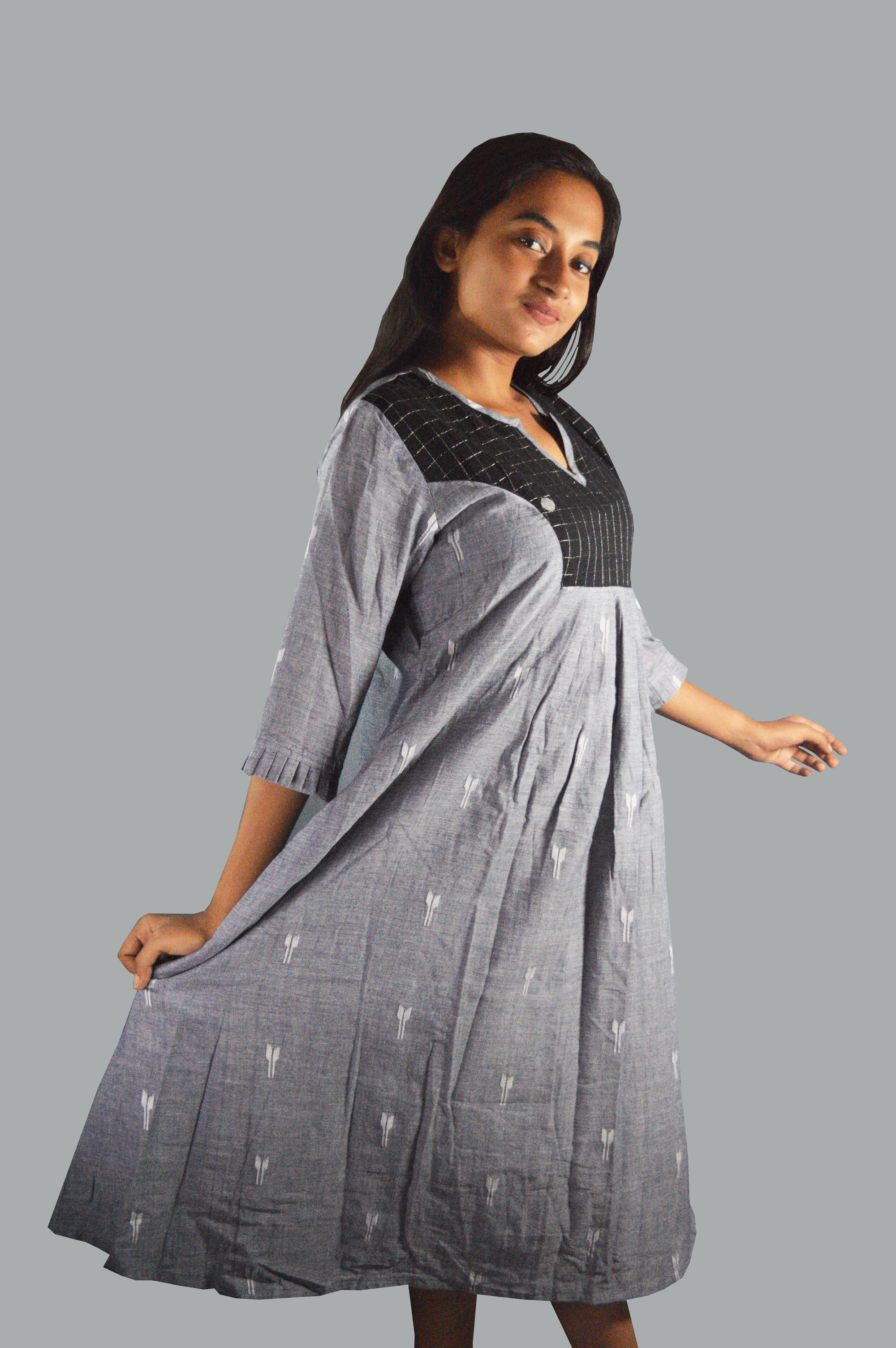 Grey jamdani dress with black checked yoke