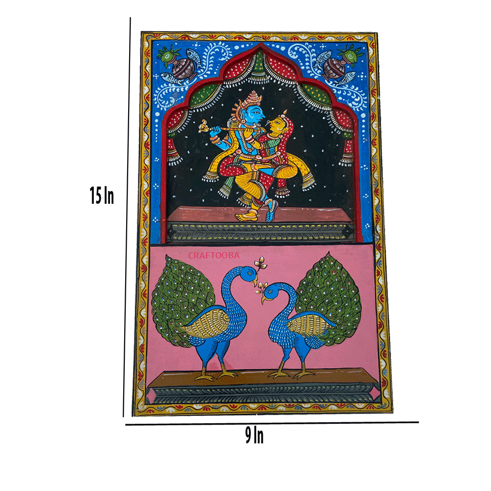 Radha Krishna & Peacock in Temple style Jharokha Wall plate  | Wall Decor | Size 15 inches